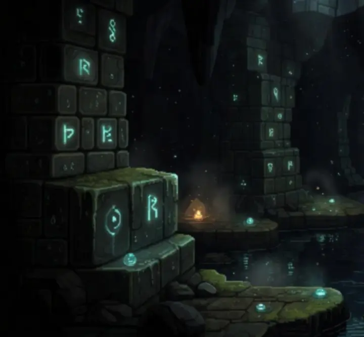 Paysage de grotte pixellisé et brumeux évoquant l'ambiance sonore de Noita.