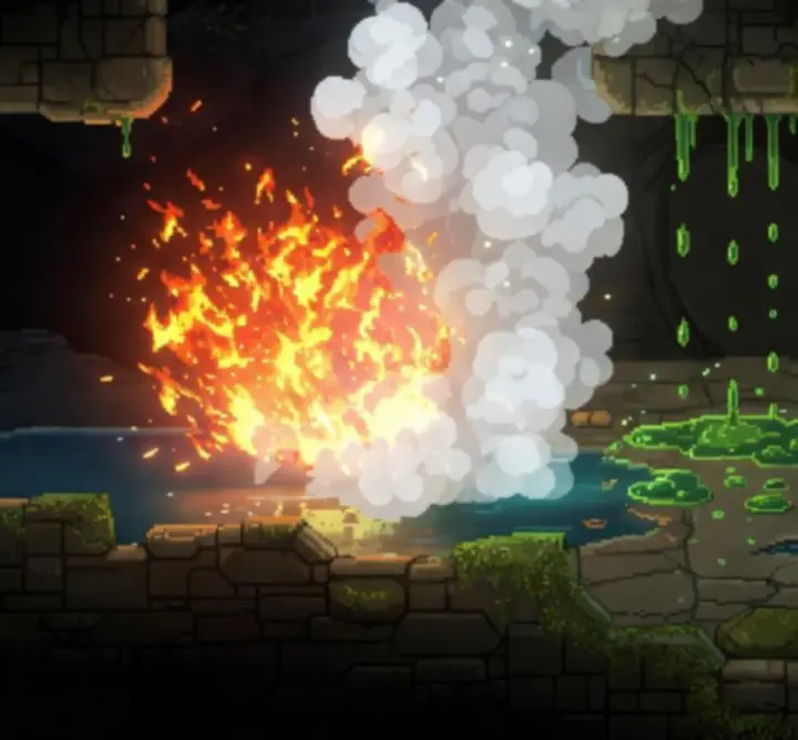 Réactions élémentaires pixellisées illustrant feu, eau et toxines dans Noita.