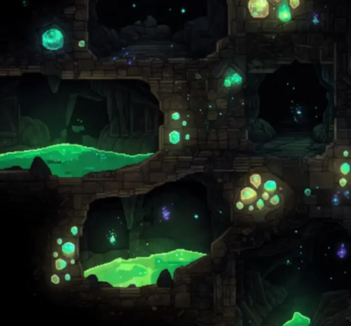 Cavernes sombres de Noita éclairées par une lumière verdâtre toxique.