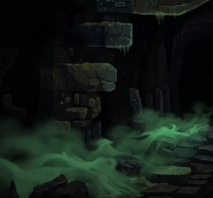 Entrée d'une caverne dans Noita, éclairée par une lueur toxique verte au cœur des profondeurs.