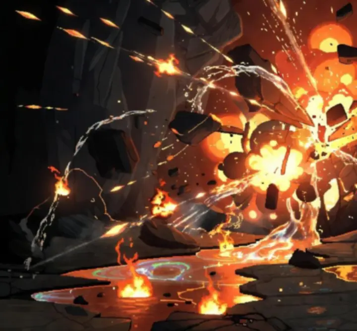 Environnement destructible de Noita en pleine explosion avec débris de cavernes.