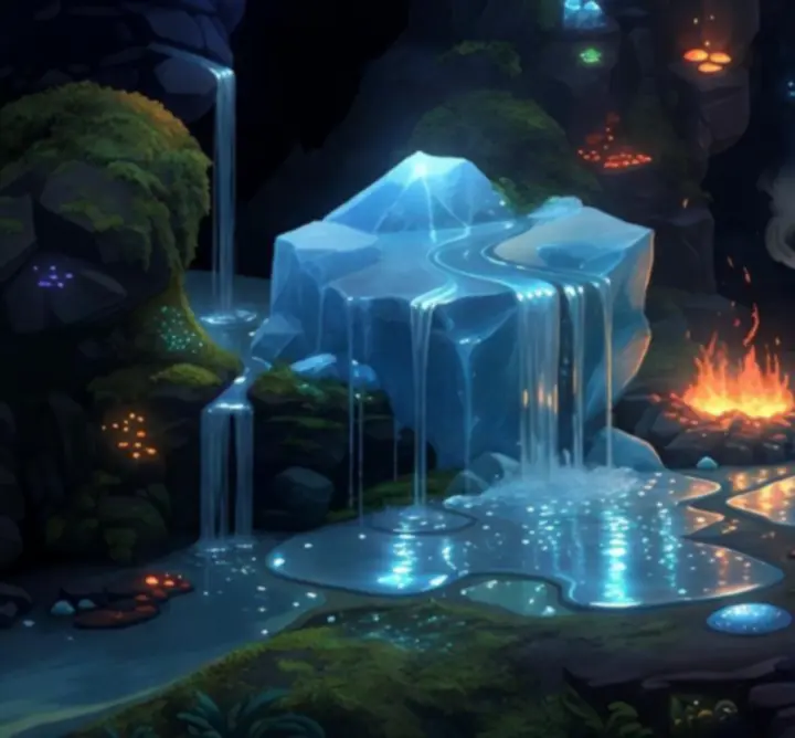 Simulation de chaleur dans Noita avec roches incandescentes et liquides en ébullition