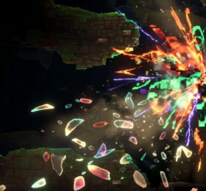 Explosion magique colorée et instable au cœur d'une caverne de Noita