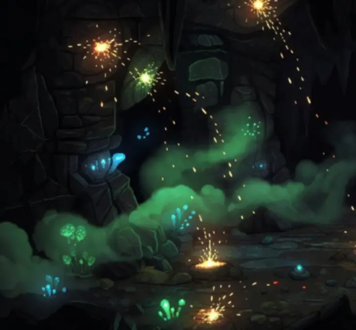 Effets de particules magiques colorées dans les cavernes de Noita.