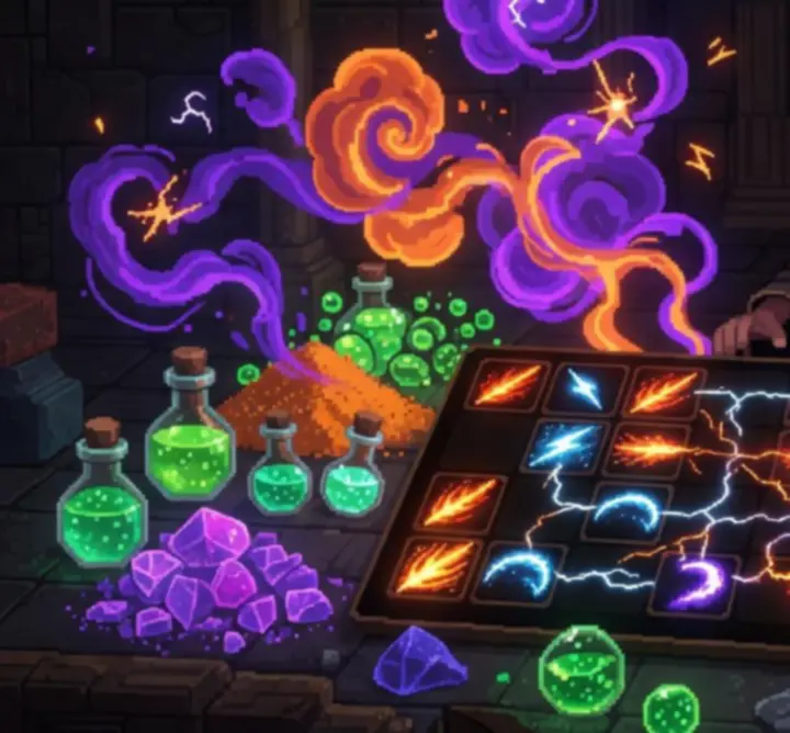 Interface de craft de sorts dans Noita, avec un joueur assemblant un sort expérimental.