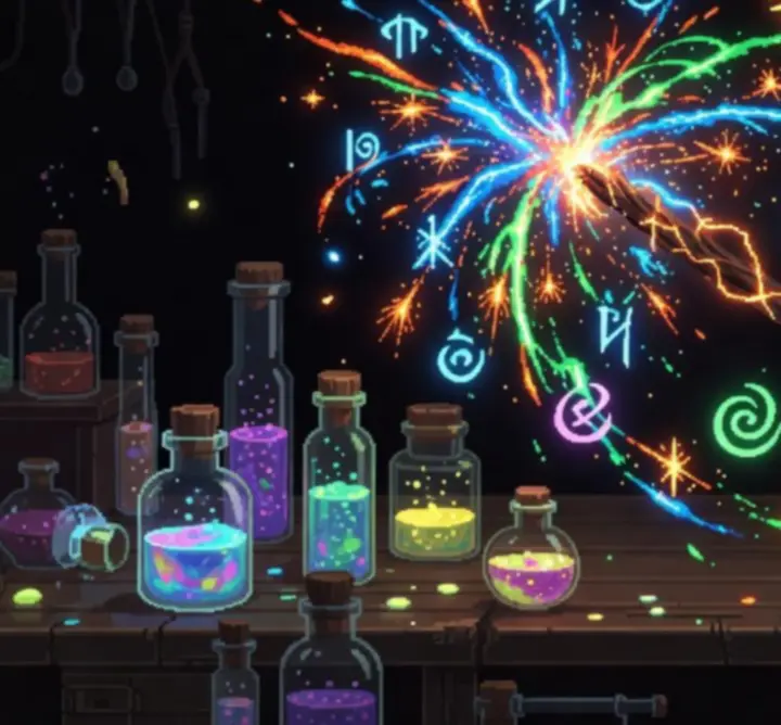 Création de sorts et étincelles magiques dans l'interface de Noita