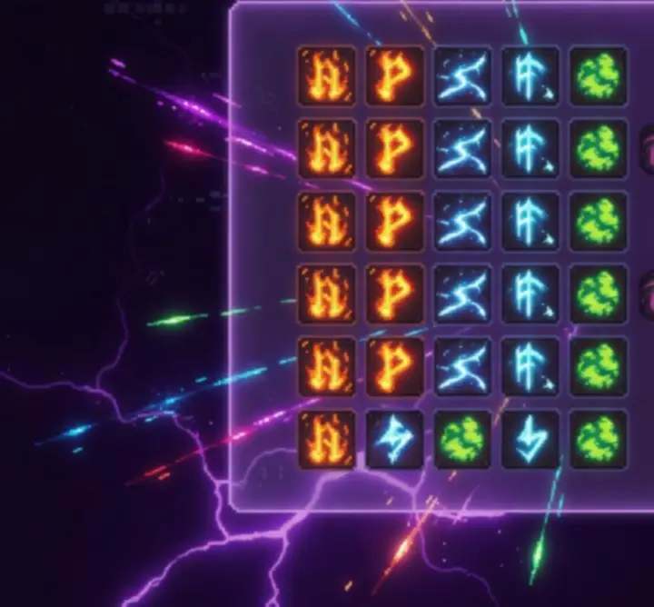 Écran de création de bâton magique dans Noita, avec modules de sorts alignés.